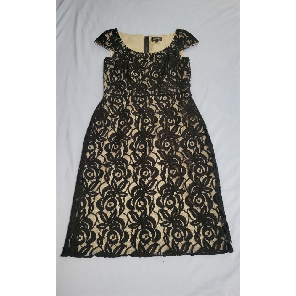 Adrianna Papell Black Lace Overlay Sheath Dress Scoop Neck Cap Sz 6(FLAW) - Picture 5 of 13